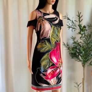 Frank Lyman Black Cold Shoulder Tropical Floral Keyhole Back Sheath Dress Size 8